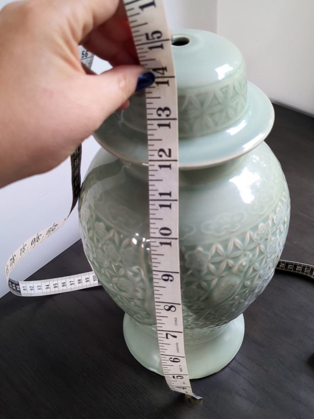 Wildwood Home Celadon Glazed Ginger Jar Lamp Base w/ Floral Fauna Engraving - Picture 11 of 13